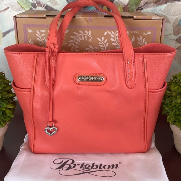 BRIGHTON “PAULINA” CORAL MELON 💯% GENUINE PEBBLED LEATHER SHOULDER TOTE BAG EUC - Picture 5 of 17